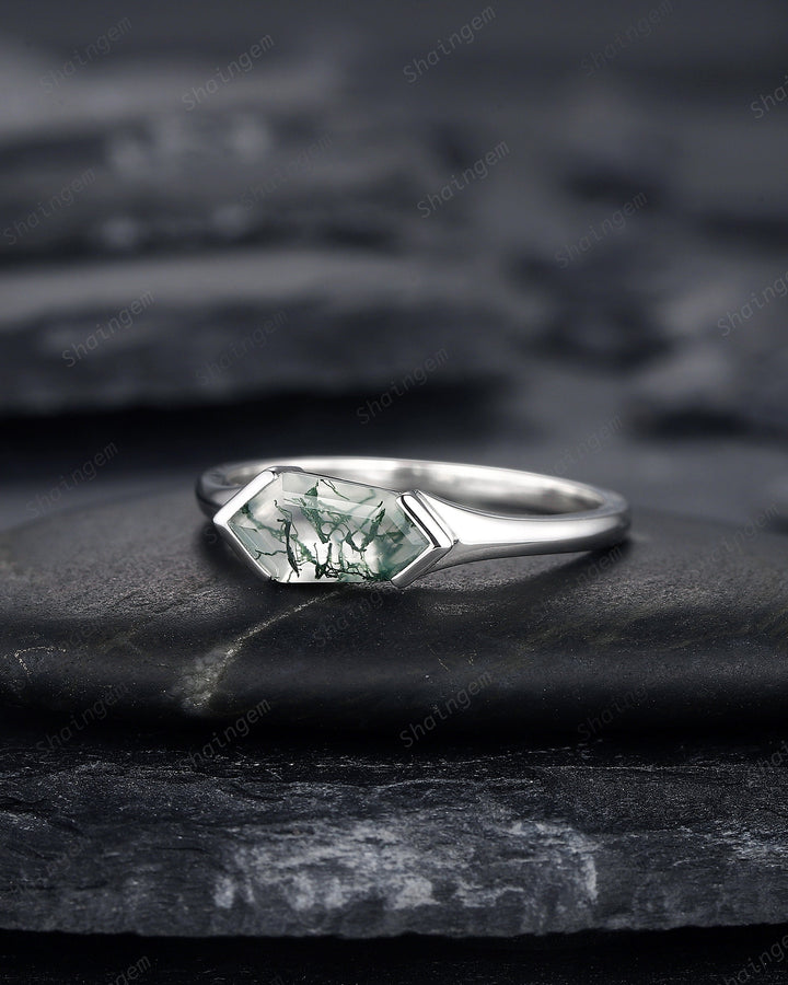 Platinum Unique Shield Cut Moss Agate Engagement Ring, Sterling Silver Solitaire Agate Promise Ring, White Gold Wedding Ring Gift for Women - ShainJewelry