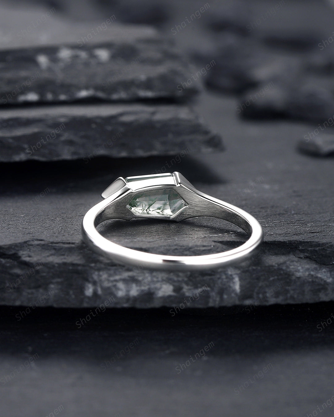 Platinum Unique Shield Cut Moss Agate Engagement Ring, Sterling Silver Solitaire Agate Promise Ring, White Gold Wedding Ring Gift for Women - ShainJewelry