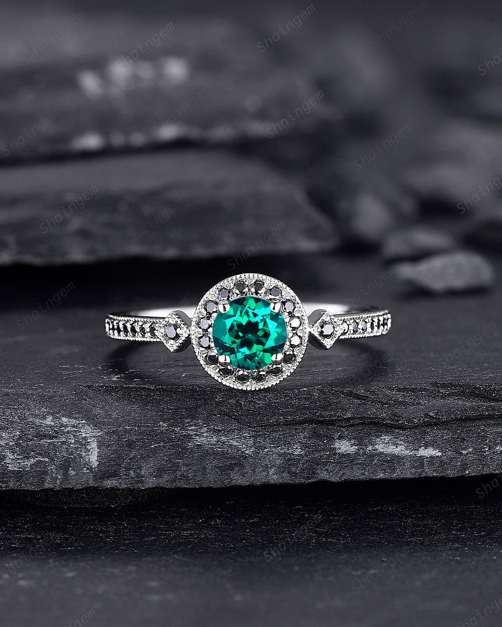 Round Shape Emerald and black diamond Engagement Ring , White Gold Black Moissanite Halo Promise Ring, Half Eternity Wedding Ring Gift - ShainJewelry