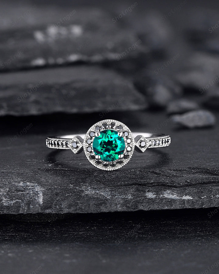 Round Shape Emerald and black diamond Engagement Ring , White Gold Black Moissanite Halo Promise Ring, Half Eternity Wedding Ring Gift - ShainJewelry