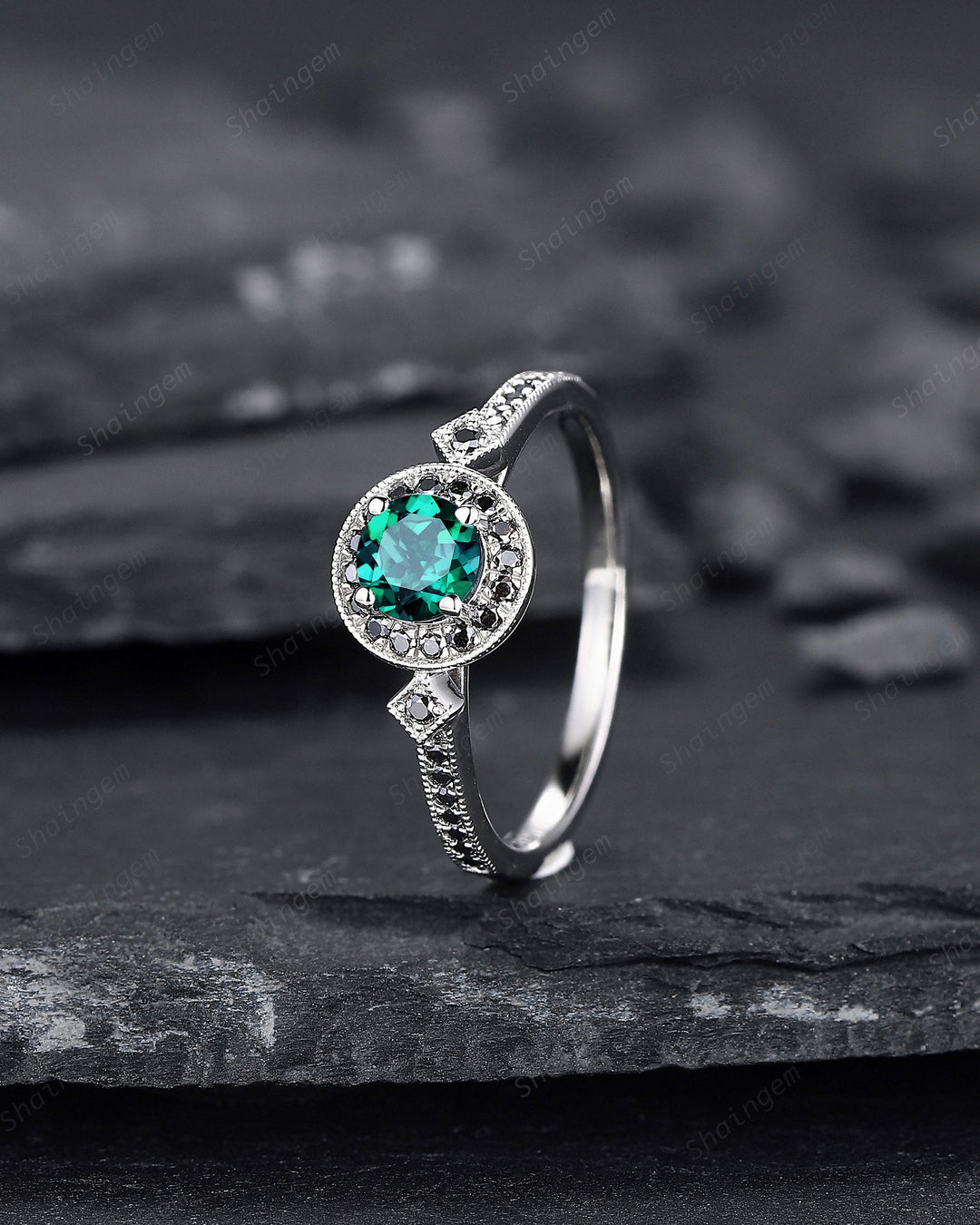 Round Shape Emerald and black diamond Engagement Ring , White Gold Black Moissanite Halo Promise Ring, Half Eternity Wedding Ring Gift - ShainJewelry