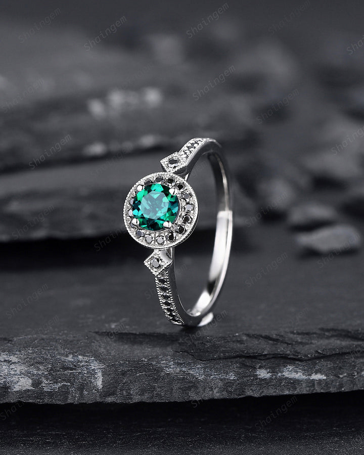 Round Shape Emerald and black diamond Engagement Ring , White Gold Black Moissanite Halo Promise Ring, Half Eternity Wedding Ring Gift - ShainJewelry