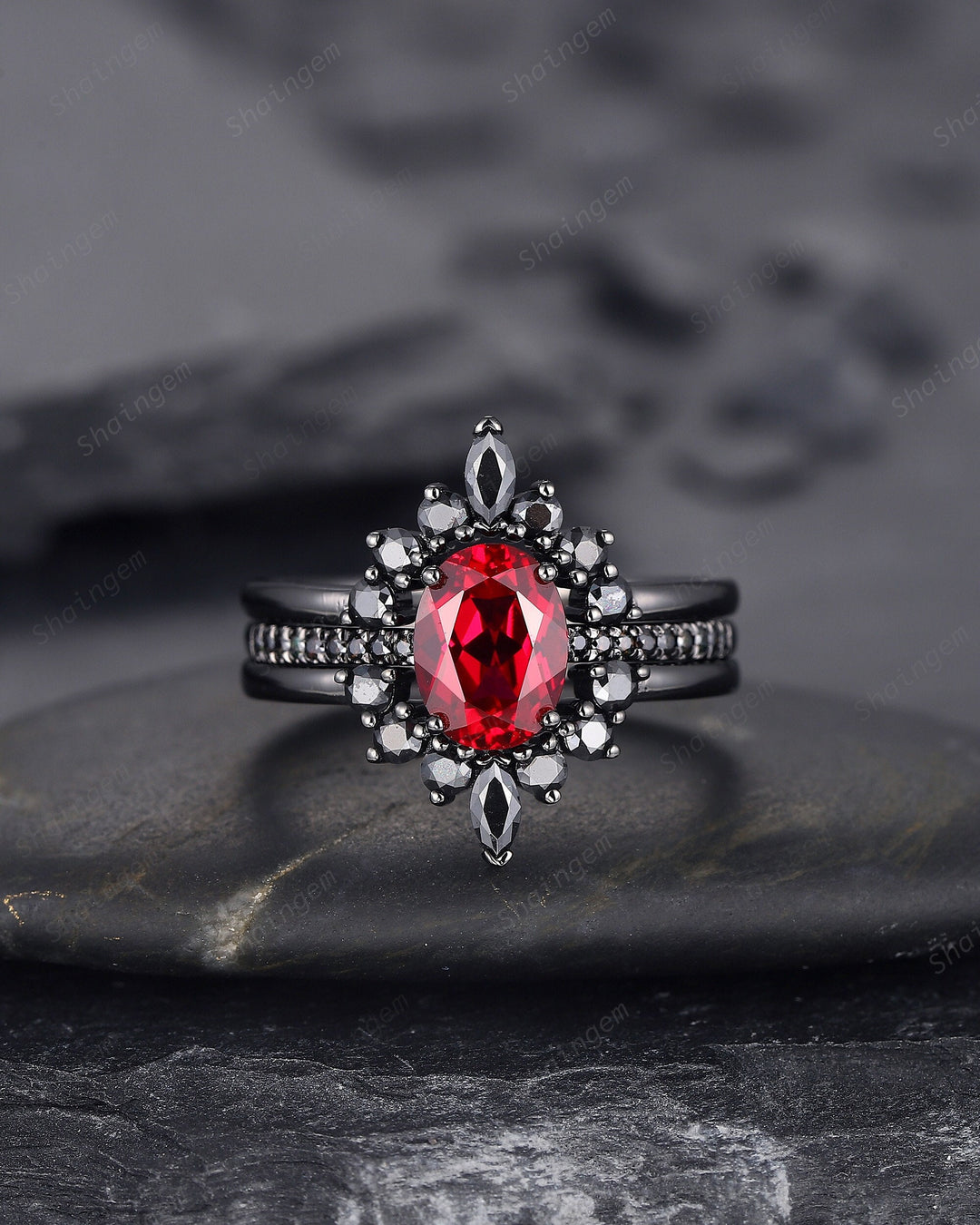 3PCS Oval Ruby Black Engagement Ring Set, Black Gold Finish Ruby Promise Ring Set, Vintage Rhodium Black Ruby Wedding Ring Gift for Her - ShainJewelry