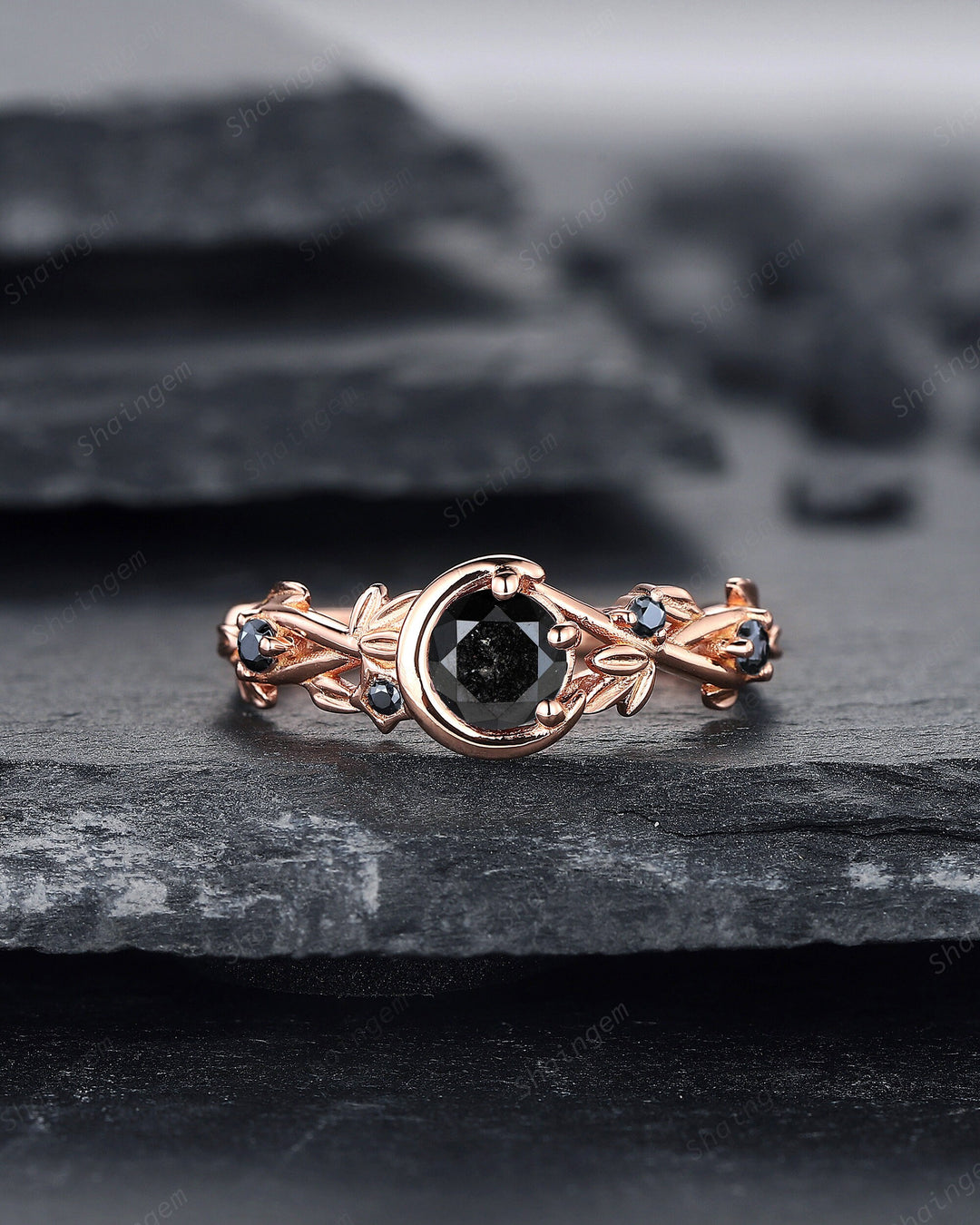 0.5CT Natural Black Diamond Engagement Ring,14K 18K Rose Gold Round Shape Diamond Promise Ring, Twig Crescent Anniversary Ring Gift for her - ShainJewelry