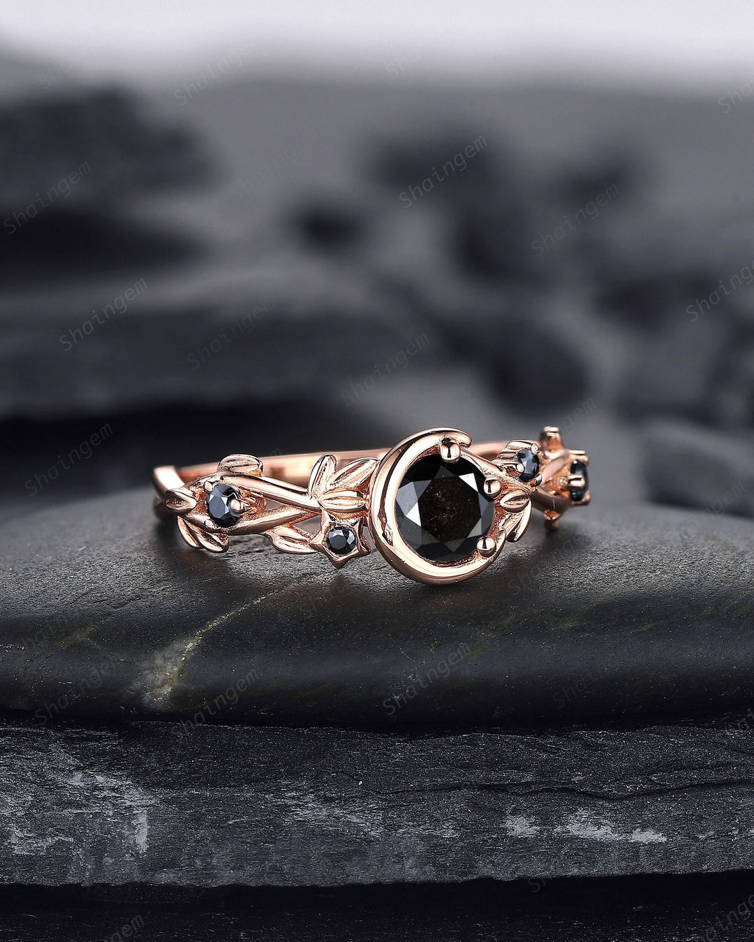 0.5CT Natural Black Diamond Engagement Ring,14K 18K Rose Gold Round Shape Diamond Promise Ring, Twig Crescent Anniversary Ring Gift for her - ShainJewelry