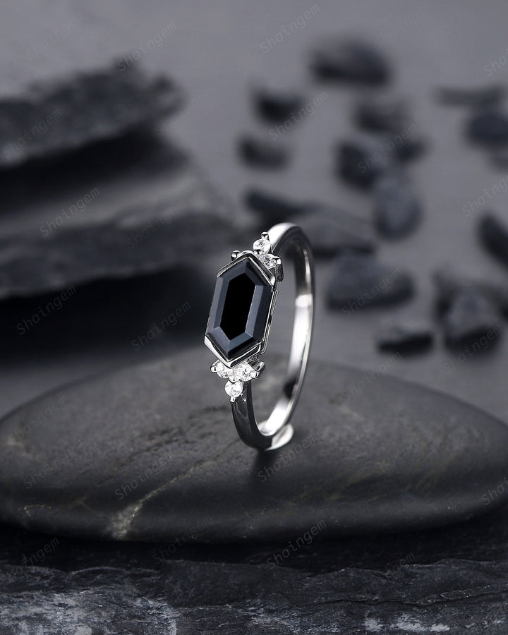Vintage Long Hexagon Black Onyx Engagement Ring, Unique White Gold Cluster Wedding Ring, Art Deco Black Onyx Promise Ring Gift For Women - ShainJewelry