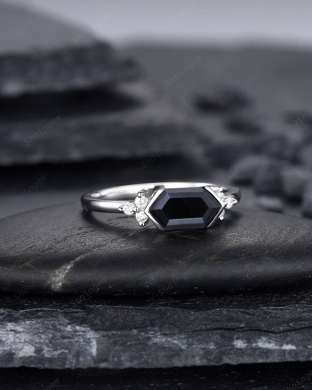 Vintage Long Hexagon Black Onyx Engagement Ring, Unique White Gold Cluster Wedding Ring, Art Deco Black Onyx Promise Ring Gift For Women - ShainJewelry