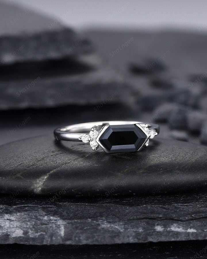 Vintage Long Hexagon Black Onyx Engagement Ring, Unique White Gold Cluster Wedding Ring, Art Deco Black Onyx Promise Ring Gift For Women - ShainJewelry