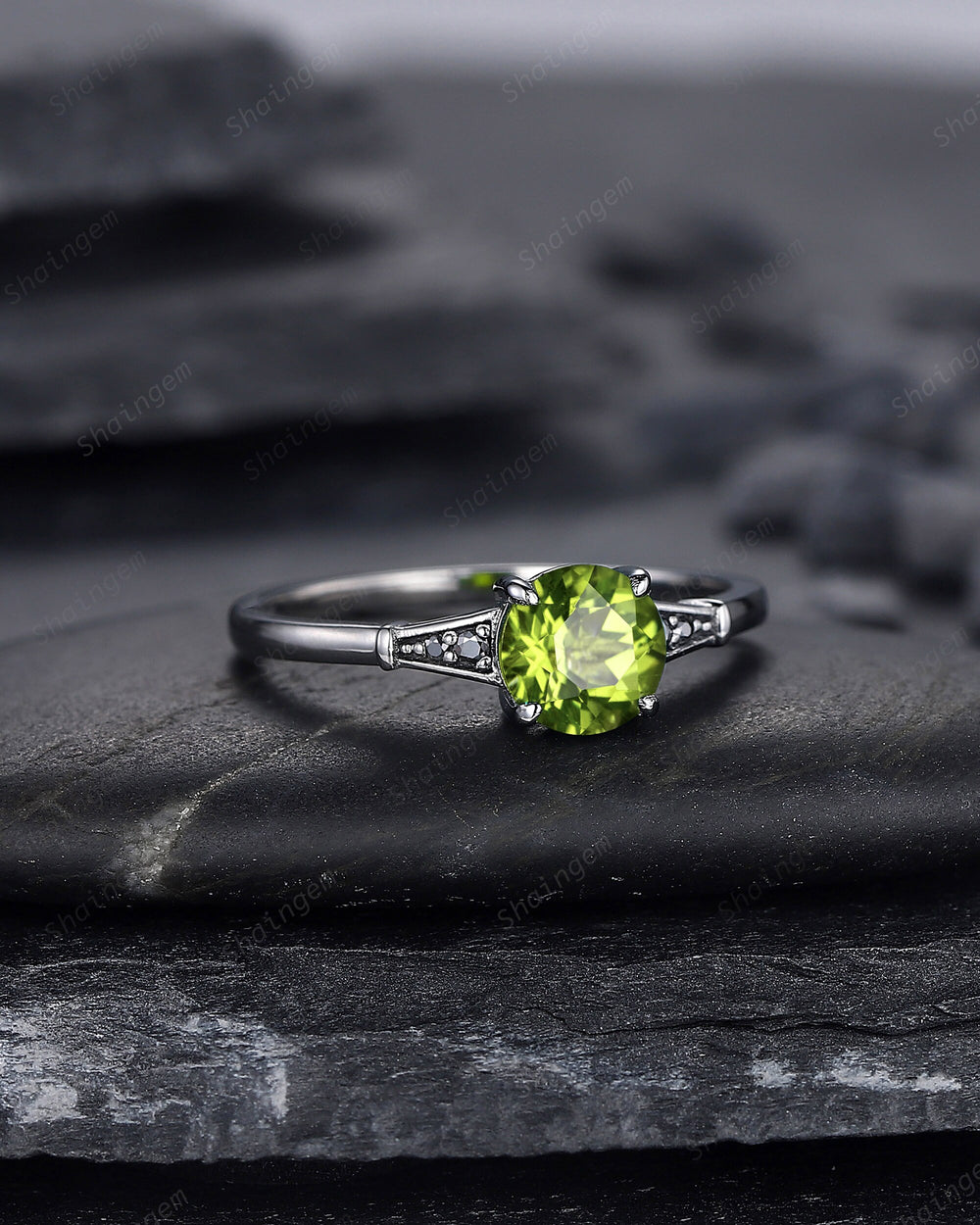 Gothic Black Gold Peridot Engagement Ring, Rhodium Black Bridal Ring, Unique Black Promise Ring, Round Shape Peridot Black Wedding Ring Gift - ShainJewelry
