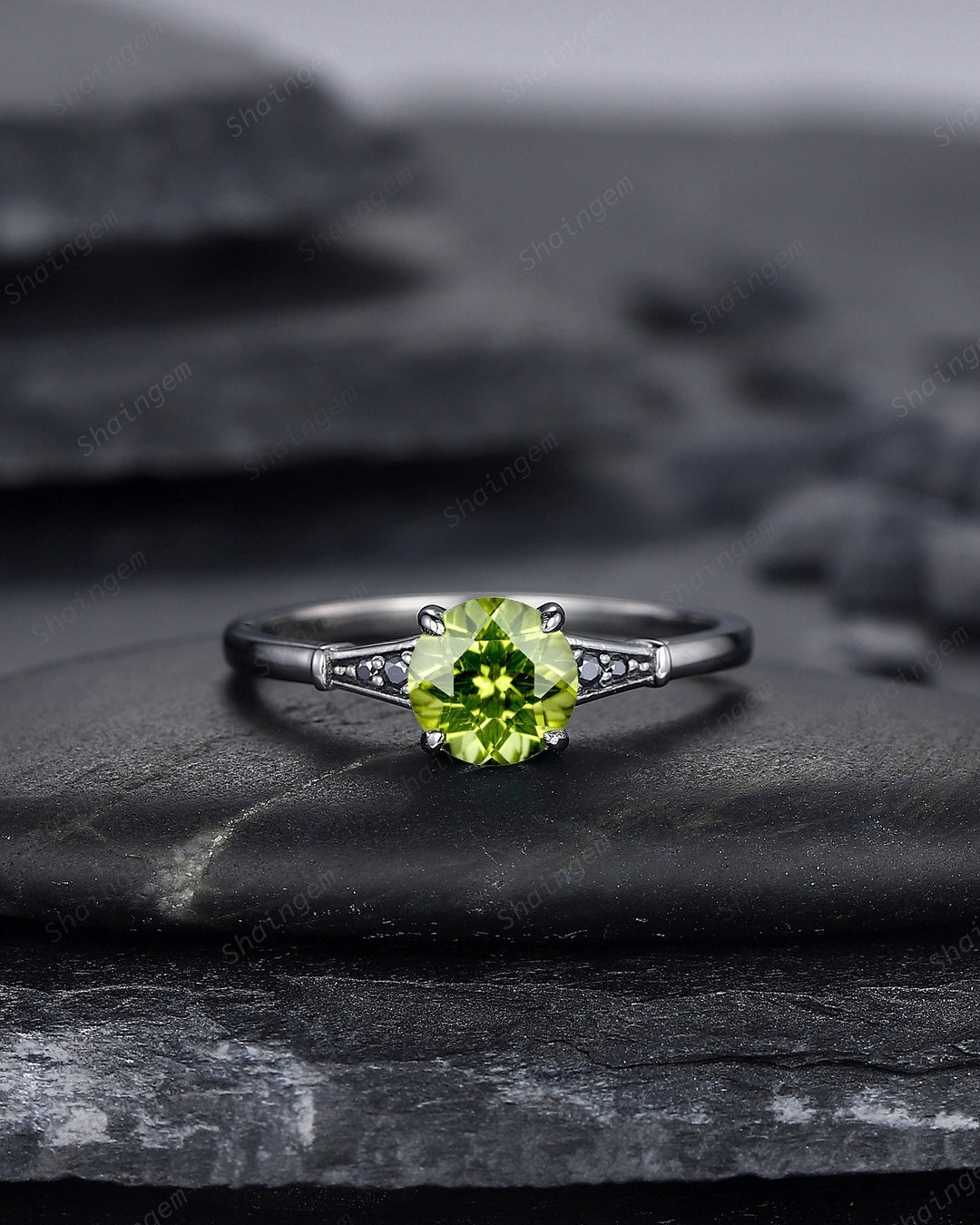 Gothic Black Gold Peridot Engagement Ring, Rhodium Black Bridal Ring, Unique Black Promise Ring, Round Shape Peridot Black Wedding Ring Gift - ShainJewelry