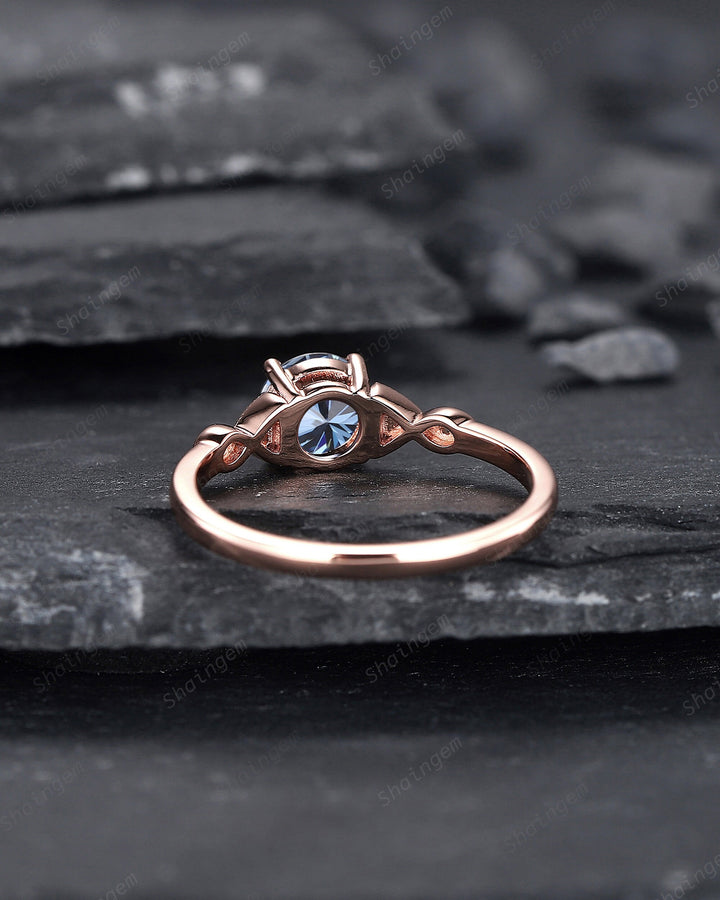 Vintage Round Shape Blue Moissanite Engagement Ring, Unique Rose Gold Moissanite Promise Ring, Nature Inspired Wedding Ring Gift for Women - ShainJewelry