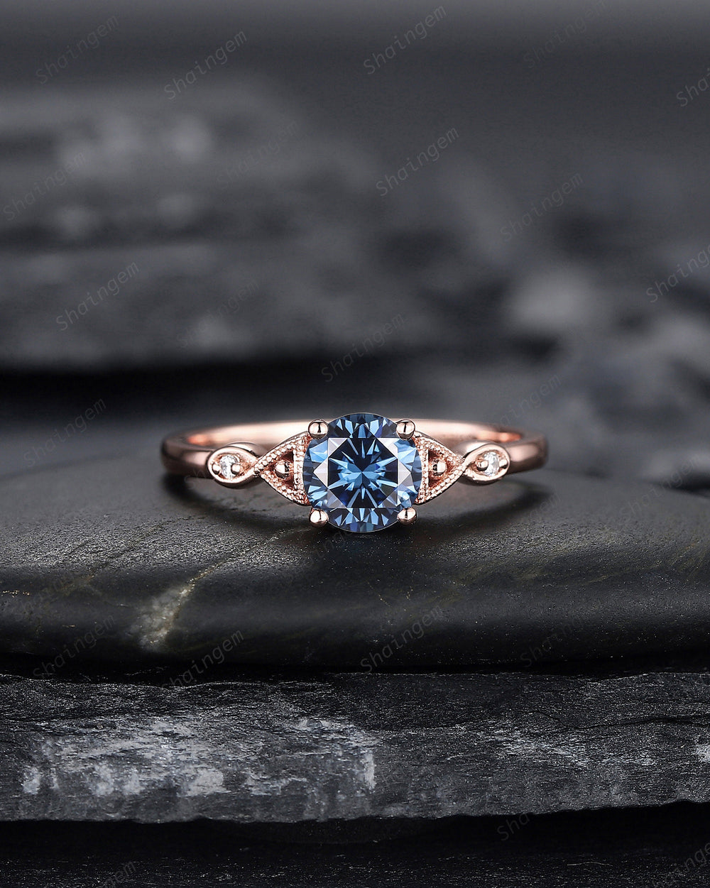 Vintage Round Shape Blue Moissanite Engagement Ring, Unique Rose Gold Moissanite Promise Ring, Nature Inspired Wedding Ring Gift for Women - ShainJewelry