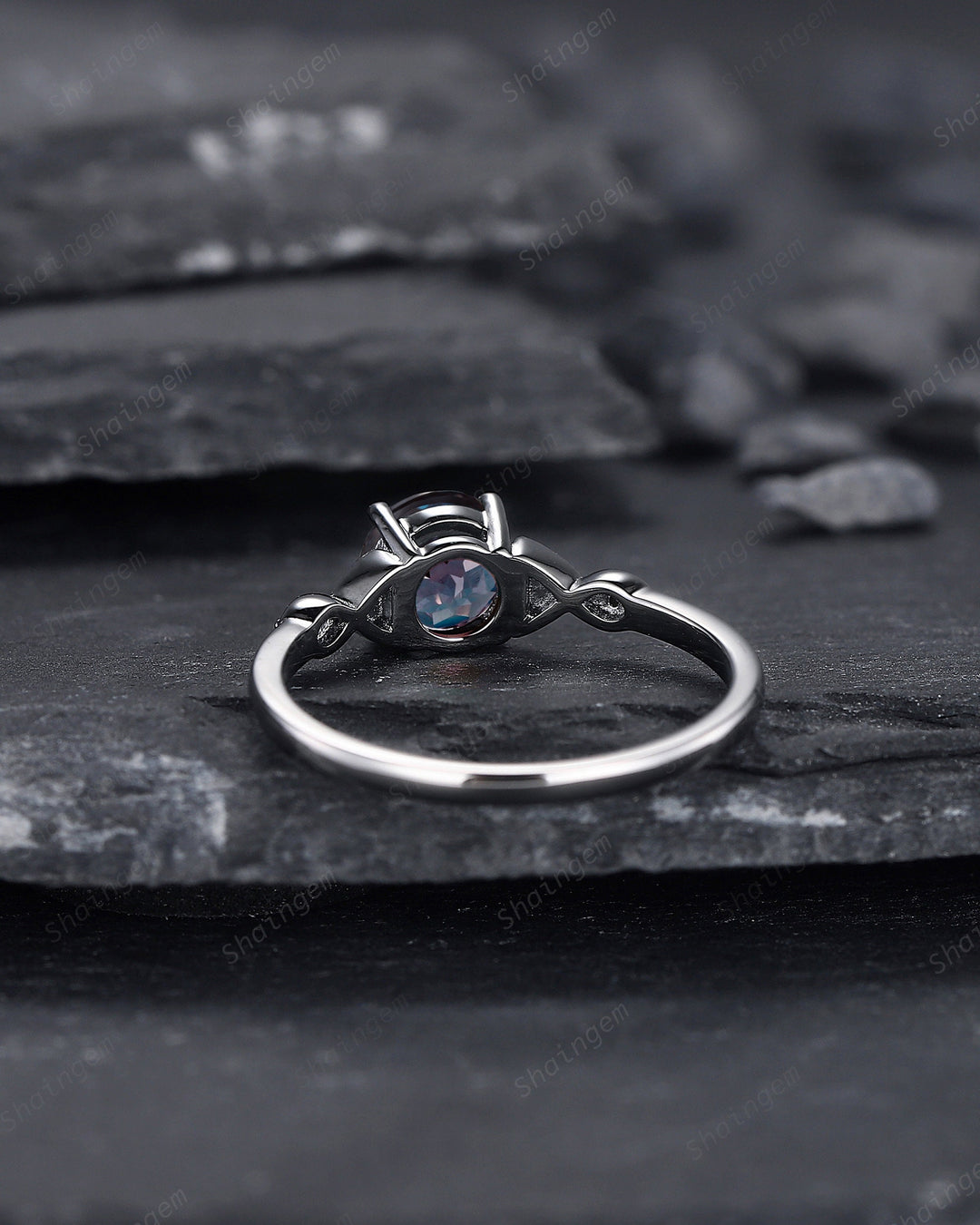 Gothic Black Gold Alexandrite Engagement Ring, Infinity Setting, Rhodium Black Wedding Ring, June Birthstone Promise Ring Anniversary Gift - ShainJewelry