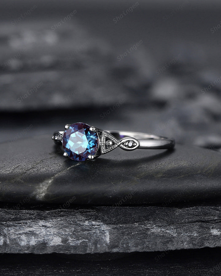Gothic Black Gold Alexandrite Engagement Ring, Infinity Setting, Rhodium Black Wedding Ring, June Birthstone Promise Ring Anniversary Gift - ShainJewelry