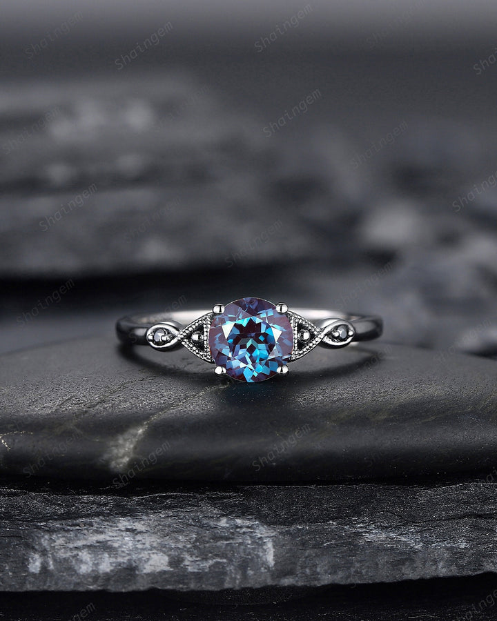 Gothic Black Gold Alexandrite Engagement Ring, Infinity Setting, Rhodium Black Wedding Ring, June Birthstone Promise Ring Anniversary Gift - ShainJewelry