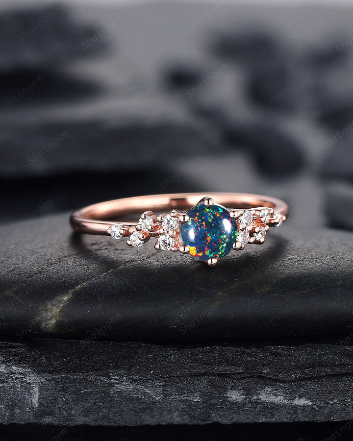 Round Shape Black Fire Opal Cluster Engagement Ring, Dainty Snowdrift Promise Ring, Unique Rose Gold Mixed Color Opal Wedding Ring Gift - ShainJewelry