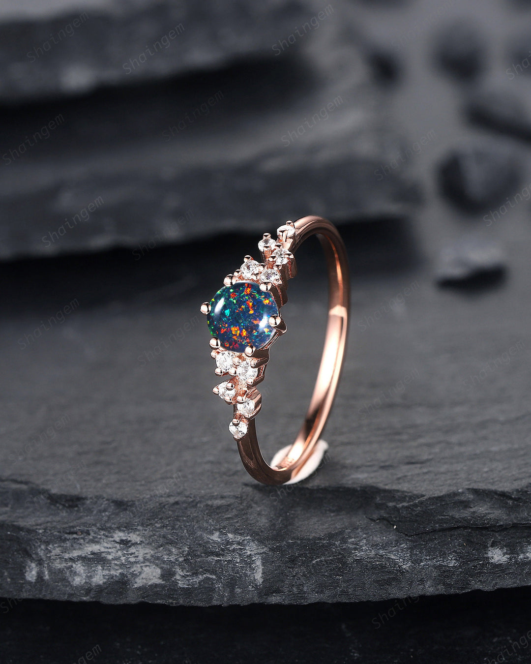 Round Shape Black Fire Opal Cluster Engagement Ring, Dainty Snowdrift Promise Ring, Unique Rose Gold Mixed Color Opal Wedding Ring Gift - ShainJewelry