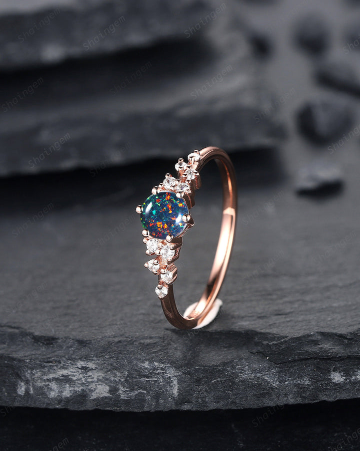 Round Shape Black Fire Opal Cluster Engagement Ring, Dainty Snowdrift Promise Ring, Unique Rose Gold Mixed Color Opal Wedding Ring Gift - ShainJewelry
