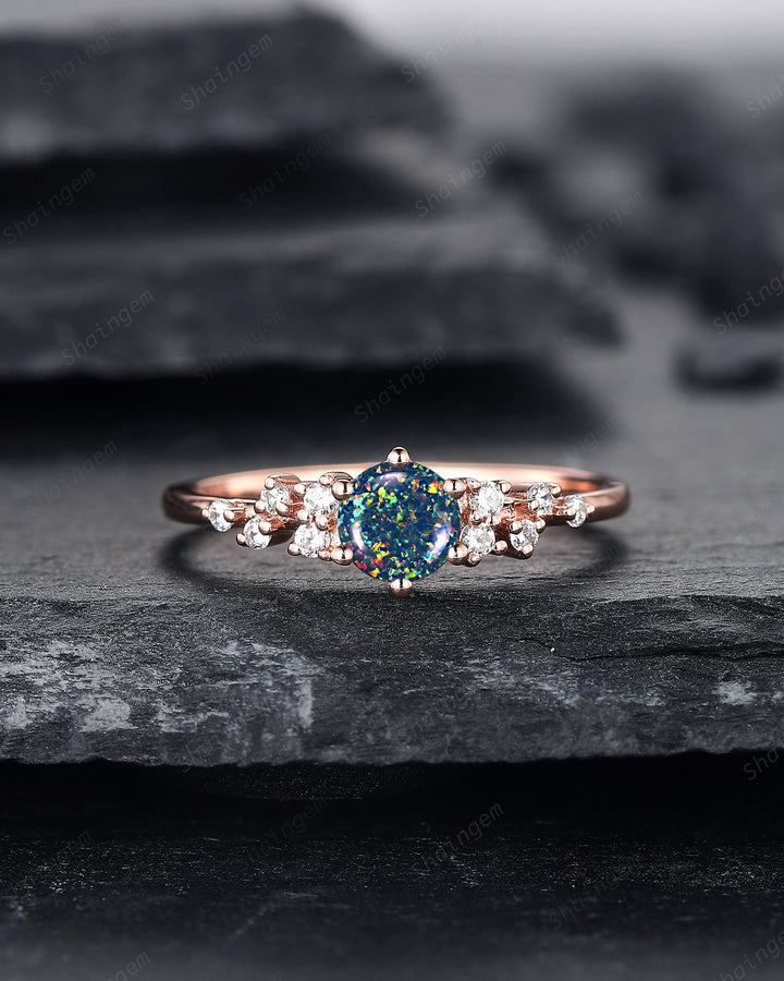 Round Shape Black Fire Opal Cluster Engagement Ring, Dainty Snowdrift Promise Ring, Unique Rose Gold Mixed Color Opal Wedding Ring Gift - ShainJewelry