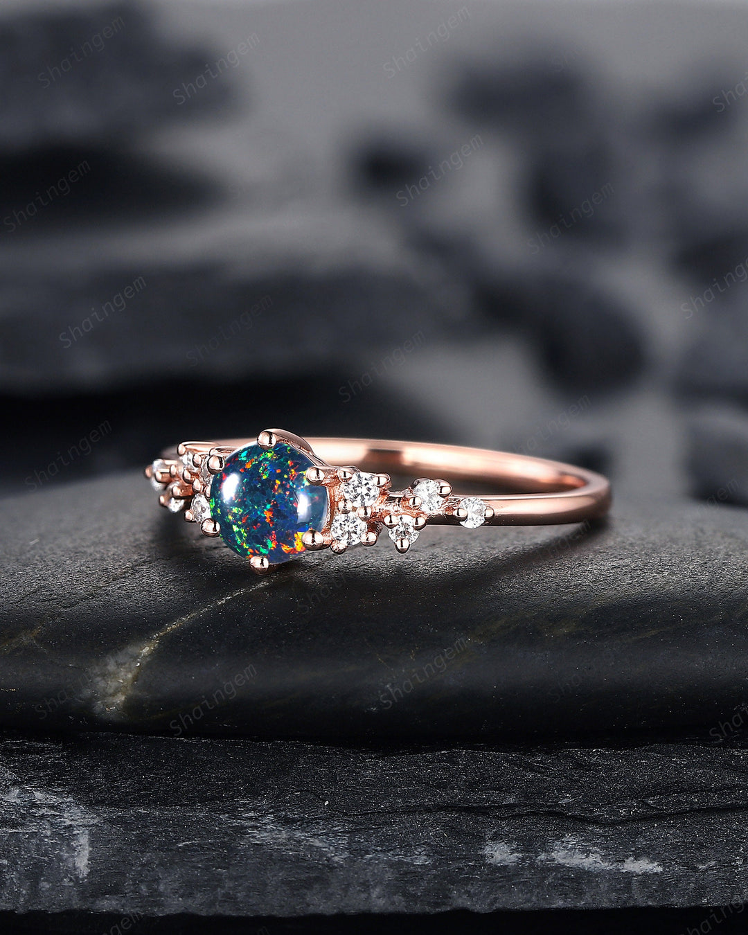 Round Shape Black Fire Opal Cluster Engagement Ring, Dainty Snowdrift Promise Ring, Unique Rose Gold Mixed Color Opal Wedding Ring Gift - ShainJewelry