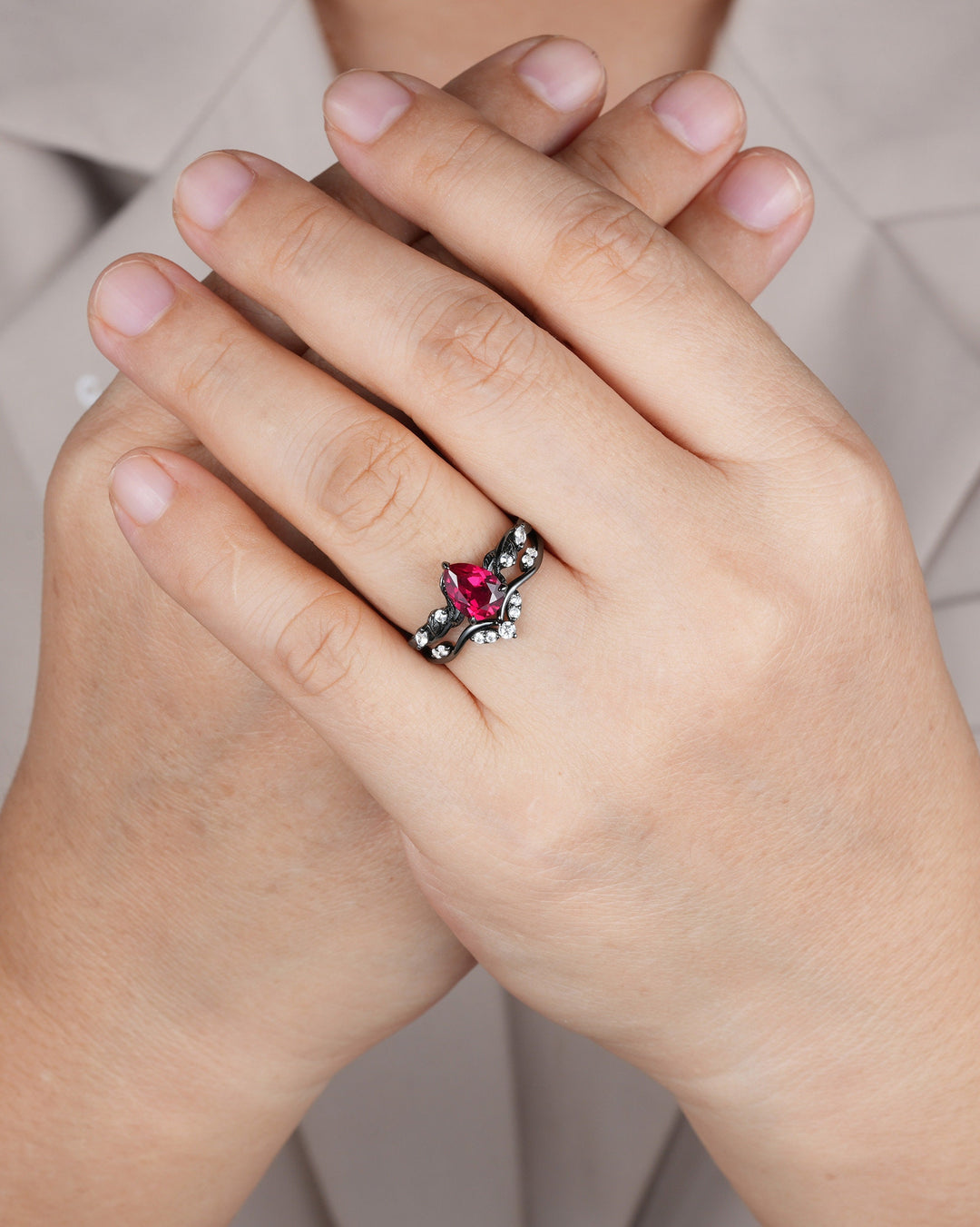 Black Gold Finish Pear Ruby Engagement Ring Set, Vintage Rhodium Black Twig Vine Ruby Bridal Set, Dark Promise ring, Black wedding ring - ShainJewelry