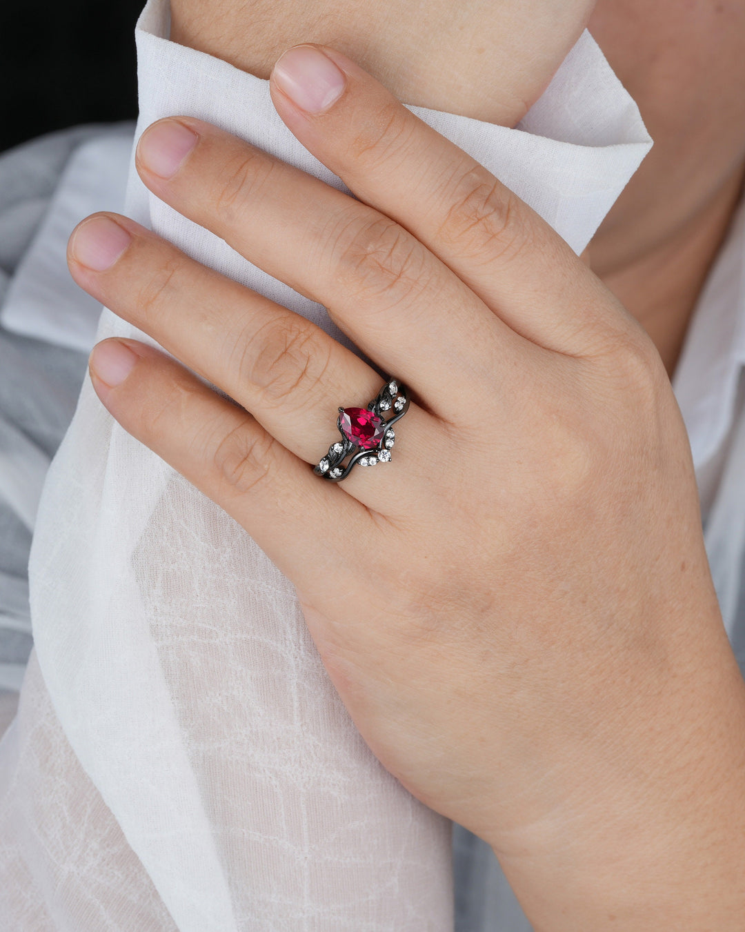 Black Gold Finish Pear Ruby Engagement Ring Set, Vintage Rhodium Black Twig Vine Ruby Bridal Set, Dark Promise ring, Black wedding ring - ShainJewelry