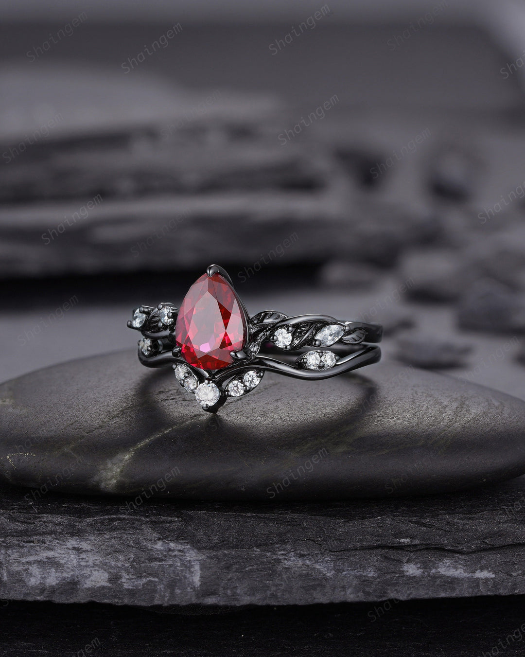 Black Gold Finish Pear Ruby Engagement Ring Set, Vintage Rhodium Black Twig Vine Ruby Bridal Set, Dark Promise ring, Black wedding ring - ShainJewelry