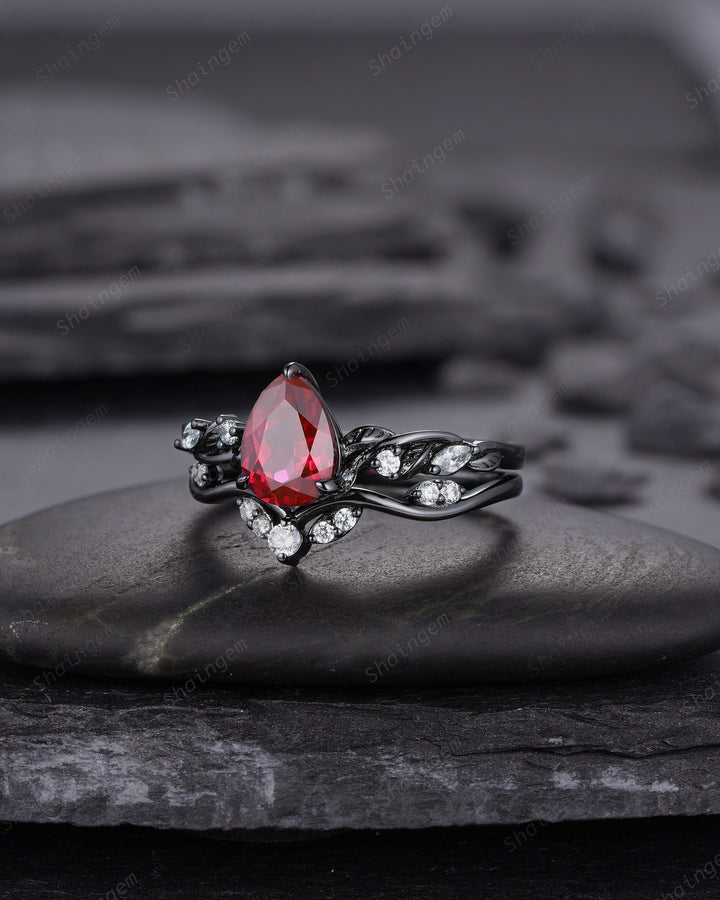 Black Gold Finish Pear Ruby Engagement Ring Set, Vintage Rhodium Black Twig Vine Ruby Bridal Set, Dark Promise ring, Black wedding ring - ShainJewelry