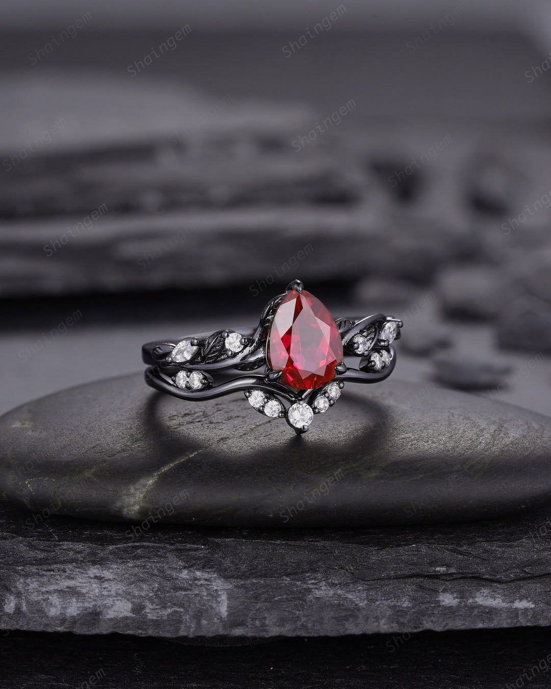 Black Gold Finish Pear Ruby Engagement Ring Set, Vintage Rhodium Black Twig Vine Ruby Bridal Set, Dark Promise ring, Black wedding ring - ShainJewelry