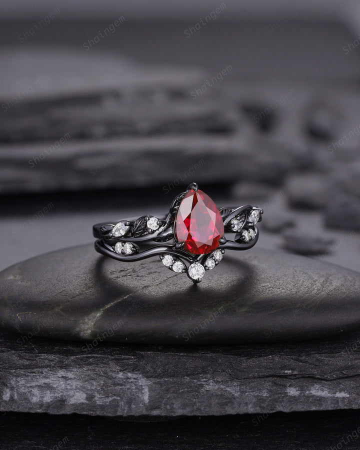 Black Gold Finish Pear Ruby Engagement Ring Set, Vintage Rhodium Black Twig Vine Ruby Bridal Set, Dark Promise ring, Black wedding ring - ShainJewelry