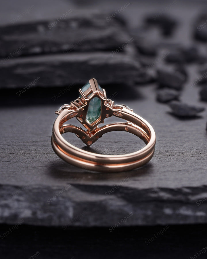 Unique Shield Moss Agate and Diamond Ring, Rose Gold Hexagon Green Moss Agate Bridal Set, Shield Promise Wedding Ring Gift for her - ShainJewelry