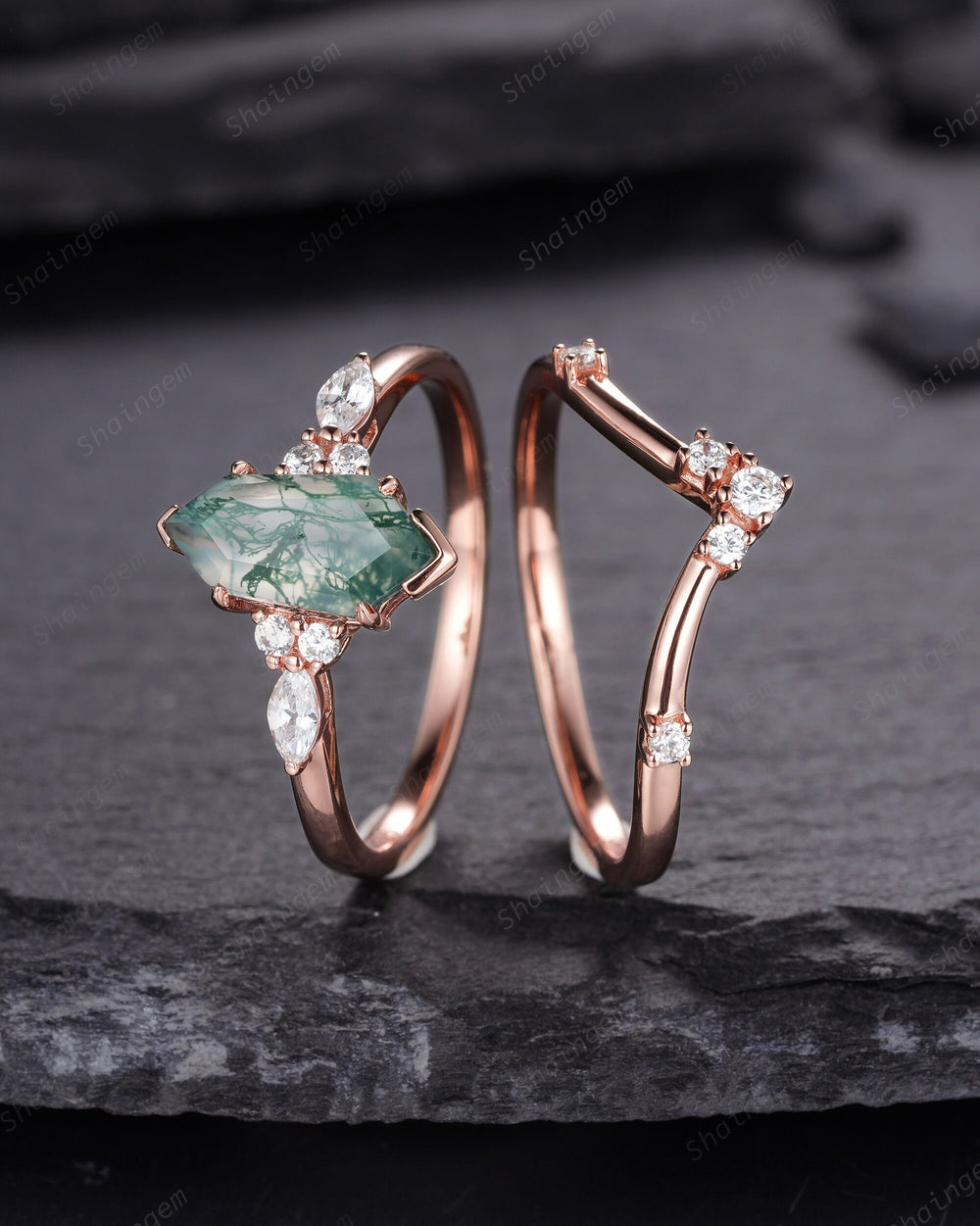 Unique Shield Moss Agate and Diamond Ring, Rose Gold Hexagon Green Moss Agate Bridal Set, Shield Promise Wedding Ring Gift for her - ShainJewelry