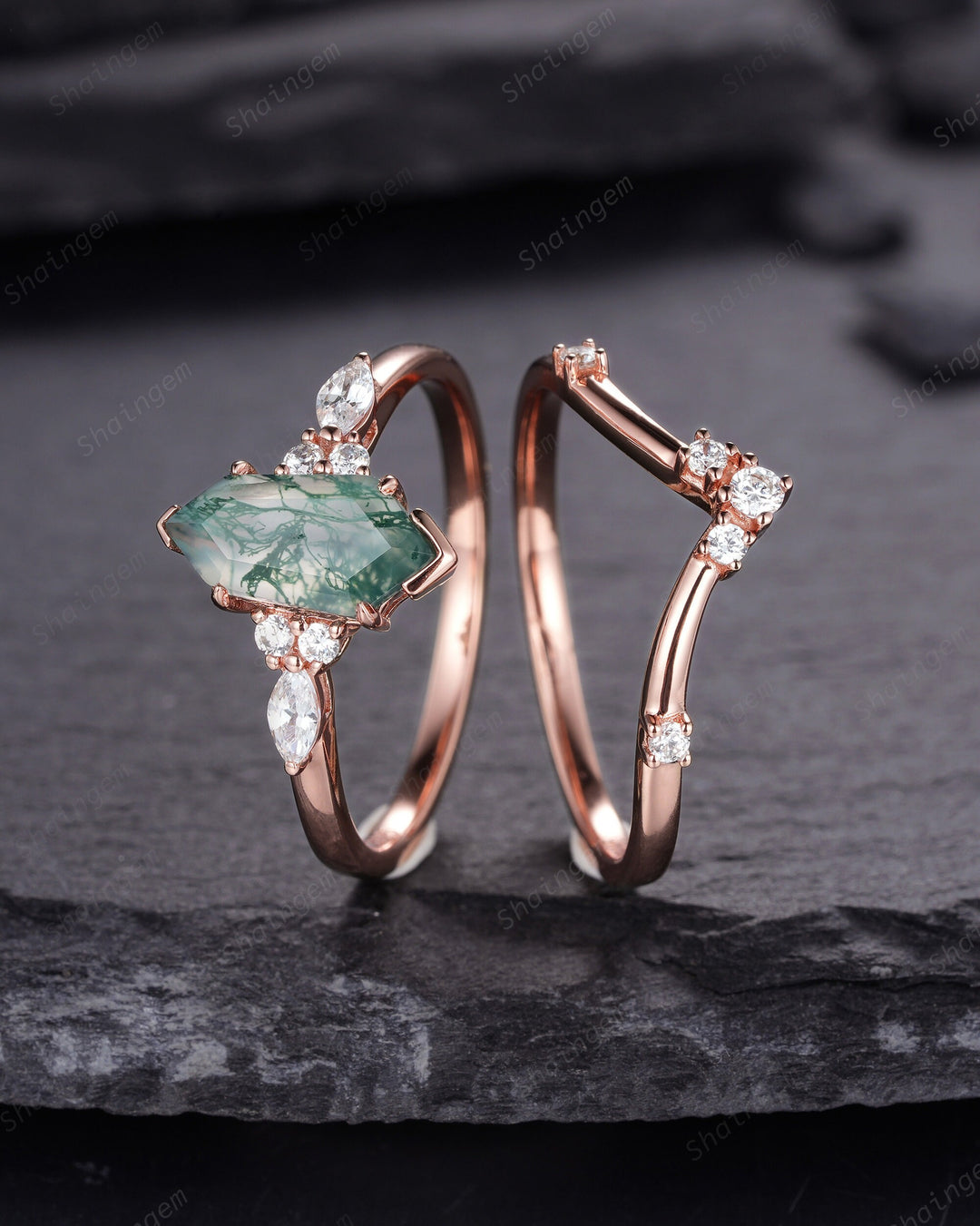 Unique Shield Moss Agate and Diamond Ring, Rose Gold Hexagon Green Moss Agate Bridal Set, Shield Promise Wedding Ring Gift for her - ShainJewelry