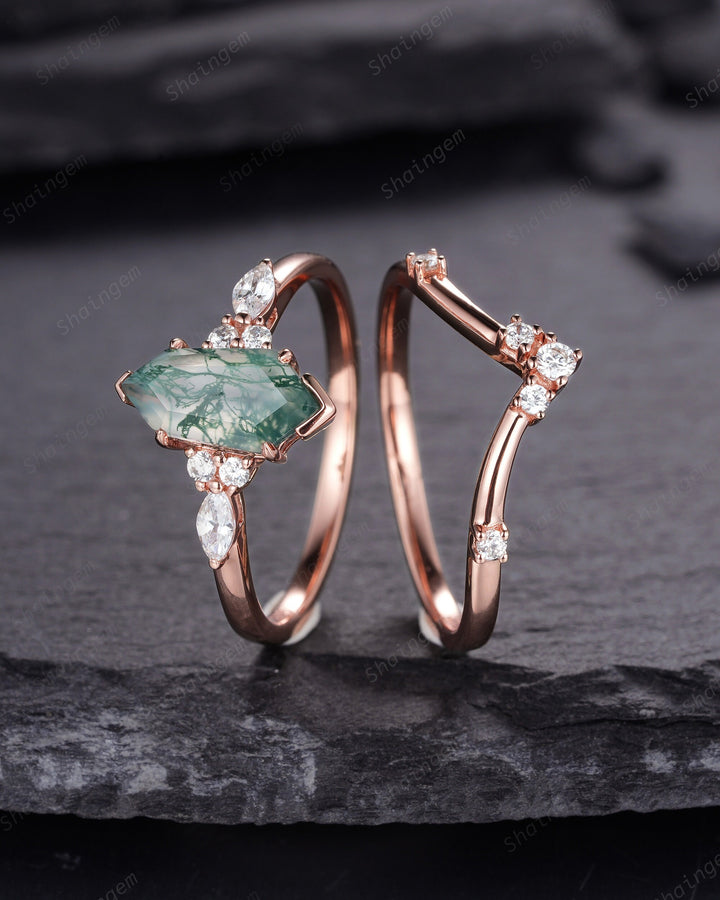 Unique Shield Moss Agate and Diamond Ring, Rose Gold Hexagon Green Moss Agate Bridal Set, Shield Promise Wedding Ring Gift for her - ShainJewelry