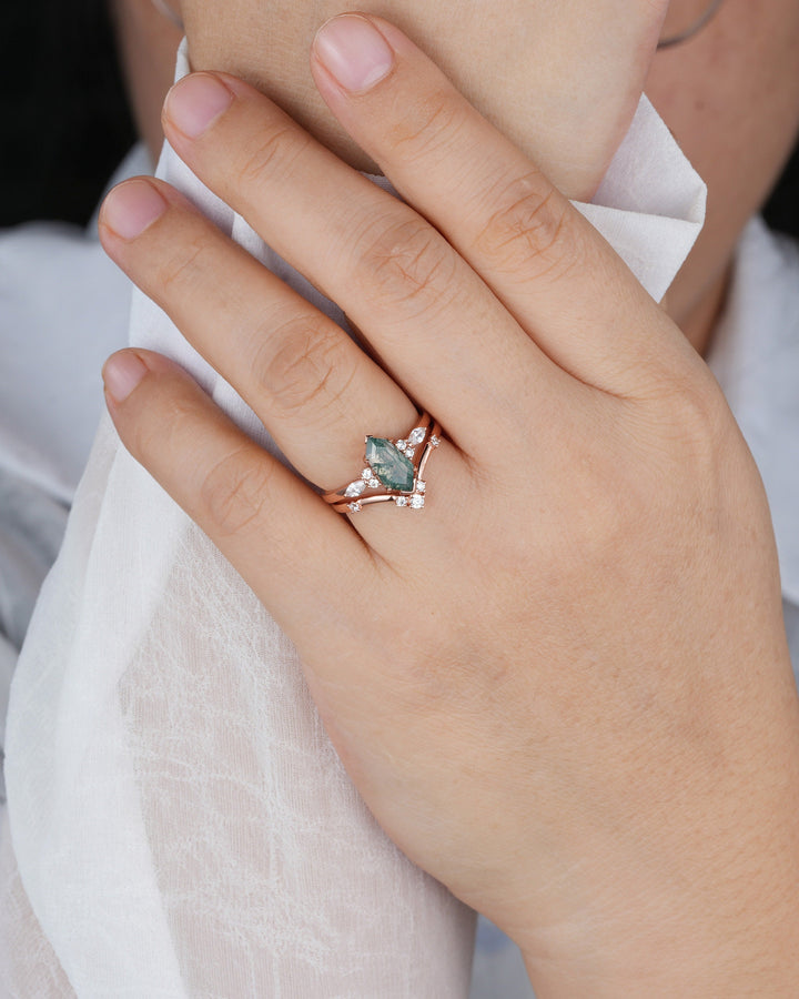 Unique Shield Moss Agate and Diamond Ring, Rose Gold Hexagon Green Moss Agate Bridal Set, Shield Promise Wedding Ring Gift for her - ShainJewelry