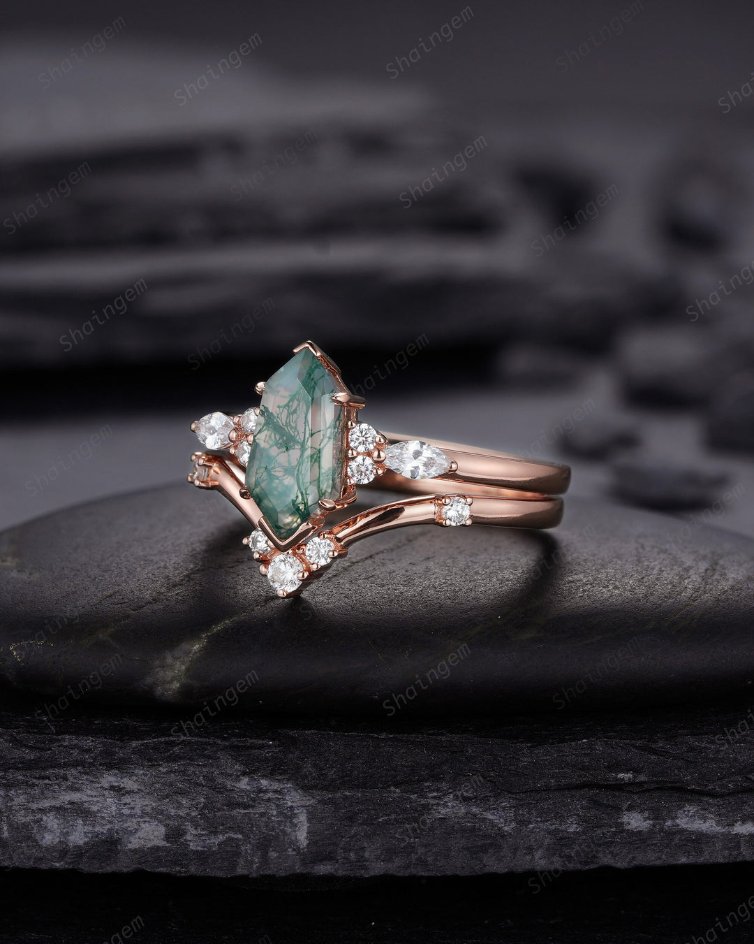 Unique Shield Moss Agate and Diamond Ring, Rose Gold Hexagon Green Moss Agate Bridal Set, Shield Promise Wedding Ring Gift for her - ShainJewelry