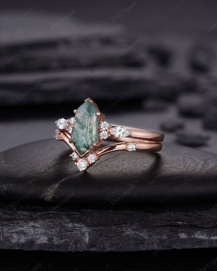 Unique Shield Moss Agate and Diamond Ring, Rose Gold Hexagon Green Moss Agate Bridal Set, Shield Promise Wedding Ring Gift for her - ShainJewelry