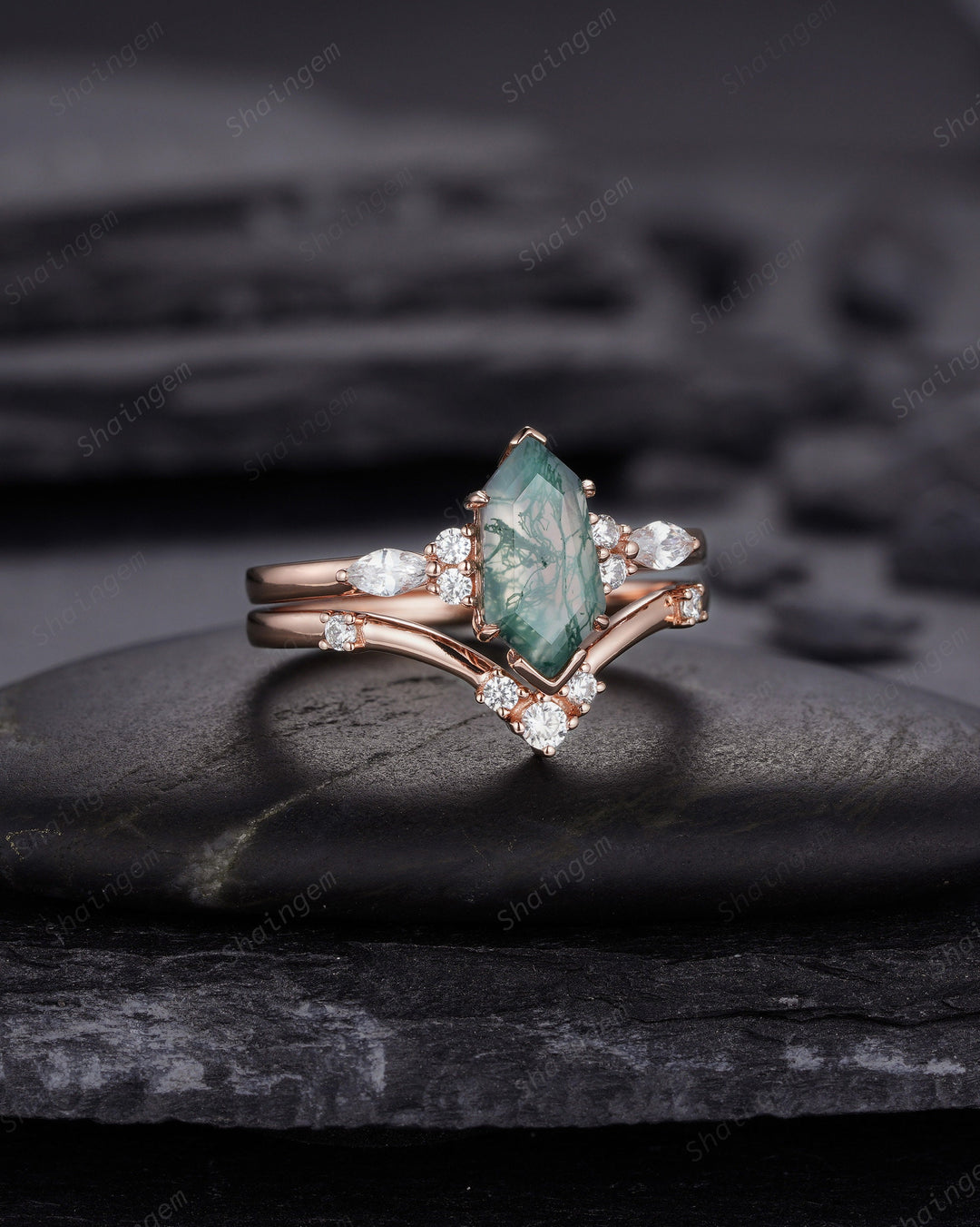 Unique Shield Moss Agate and Diamond Ring, Rose Gold Hexagon Green Moss Agate Bridal Set, Shield Promise Wedding Ring Gift for her - ShainJewelry