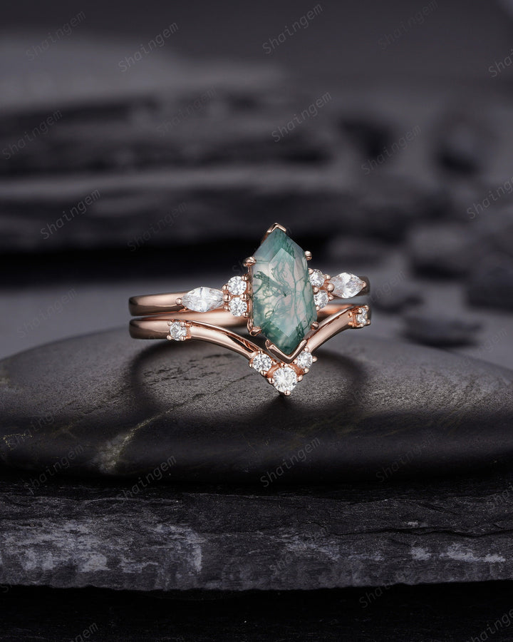 Unique Shield Moss Agate and Diamond Ring, Rose Gold Hexagon Green Moss Agate Bridal Set, Shield Promise Wedding Ring Gift for her - ShainJewelry