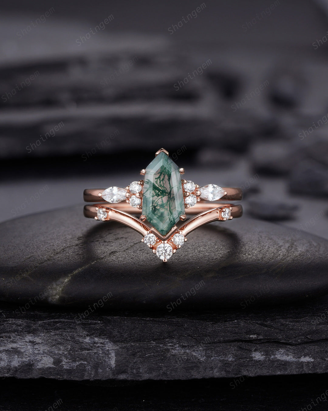 Unique Shield Moss Agate and Diamond Ring, Rose Gold Hexagon Green Moss Agate Bridal Set, Shield Promise Wedding Ring Gift for her - ShainJewelry