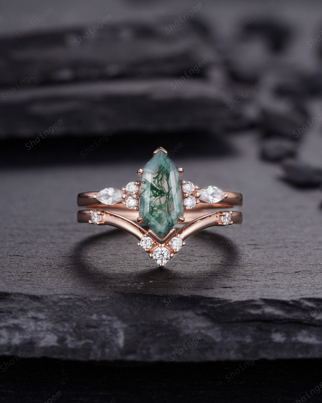 Unique Shield Moss Agate and Diamond Ring, Rose Gold Hexagon Green Moss Agate Bridal Set, Shield Promise Wedding Ring Gift for her - ShainJewelry