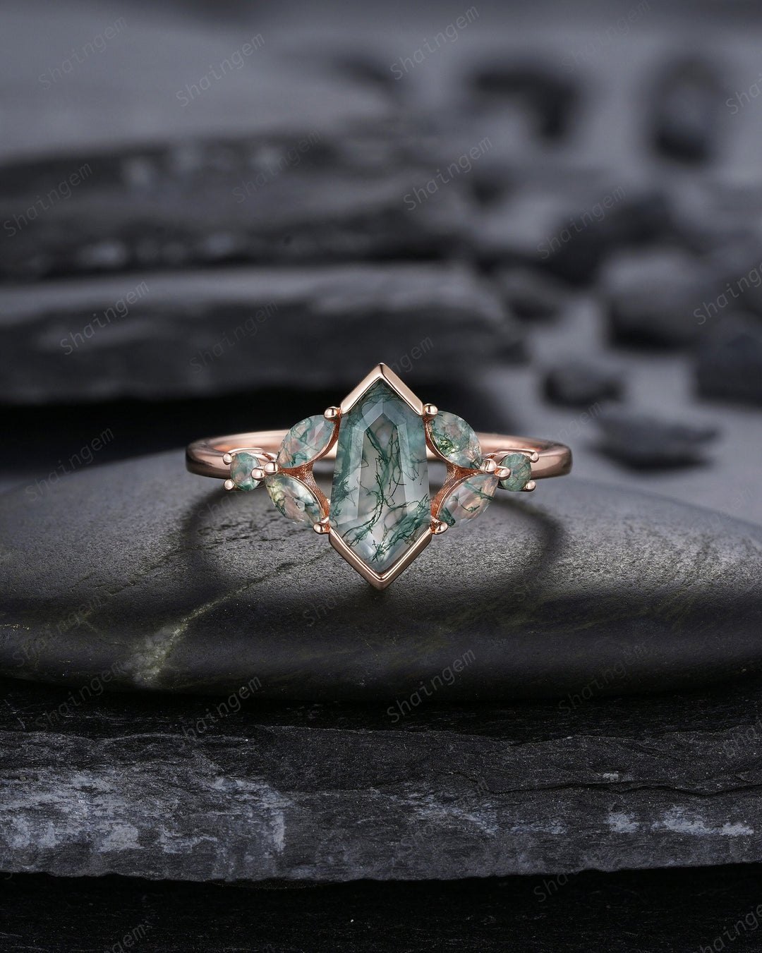 Vintage Shield Shape Moss Agate Ring, Rose Gold Hexagon Moss Agate Engagement Ring, Cluster Moss Agate Promise Wedding Anniversary Ring Gift - ShainJewelry