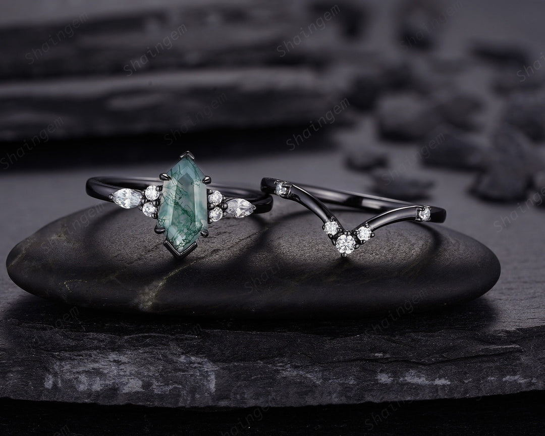 Unique Hexagon Shape Moss Agate Black Engagement Ring Set, Gothic Black Rhodium Shield Moss Agate Ring, Wedding Set Gift, Black Promise Ring - ShainJewelry