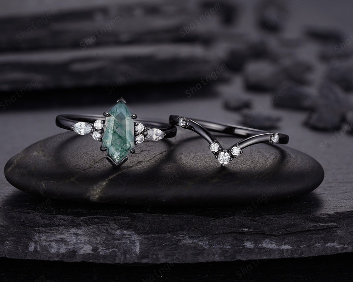 Unique Hexagon Shape Moss Agate Black Engagement Ring Set, Gothic Black Rhodium Shield Moss Agate Ring, Wedding Set Gift, Black Promise Ring - ShainJewelry