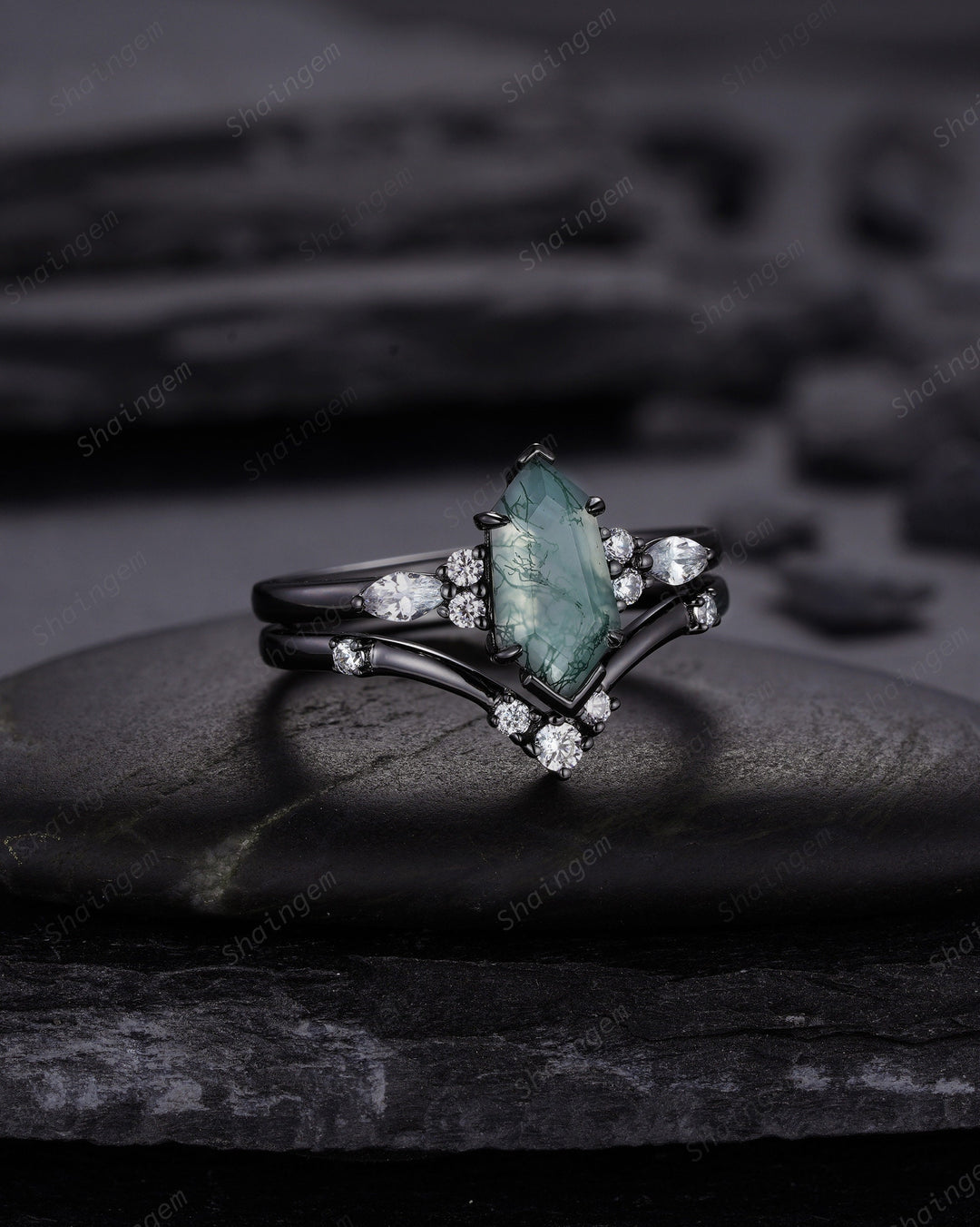 Unique Hexagon Shape Moss Agate Black Engagement Ring Set, Gothic Black Rhodium Shield Moss Agate Ring, Wedding Set Gift, Black Promise Ring - ShainJewelry