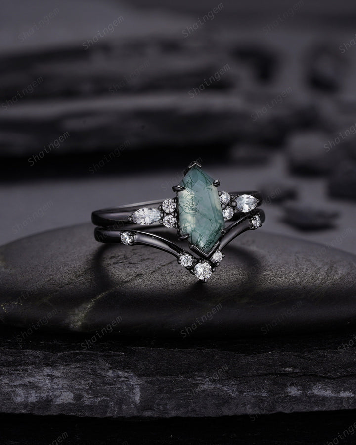 Unique Hexagon Shape Moss Agate Black Engagement Ring Set, Gothic Black Rhodium Shield Moss Agate Ring, Wedding Set Gift, Black Promise Ring - ShainJewelry