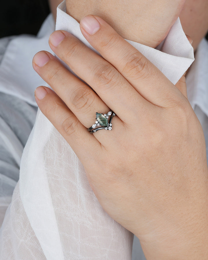 Unique Hexagon Shape Moss Agate Black Engagement Ring Set, Gothic Black Rhodium Shield Moss Agate Ring, Wedding Set Gift, Black Promise Ring - ShainJewelry