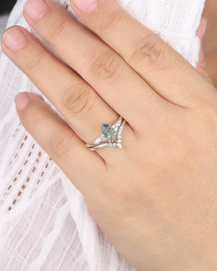 Unique Shield Moss Agate and Diamond Engagement Ring, White Gold Geometric Green Moss Agate Bridal Set, Promise Wedding Ring Gift for her - ShainJewelry
