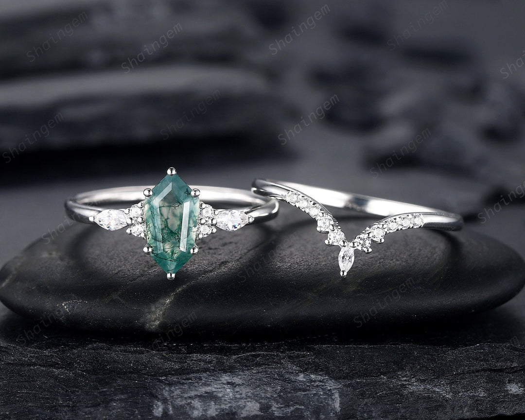 Unique Shield Moss Agate and Diamond Engagement Ring, White Gold Geometric Green Moss Agate Bridal Set, Promise Wedding Ring Gift for her - ShainJewelry