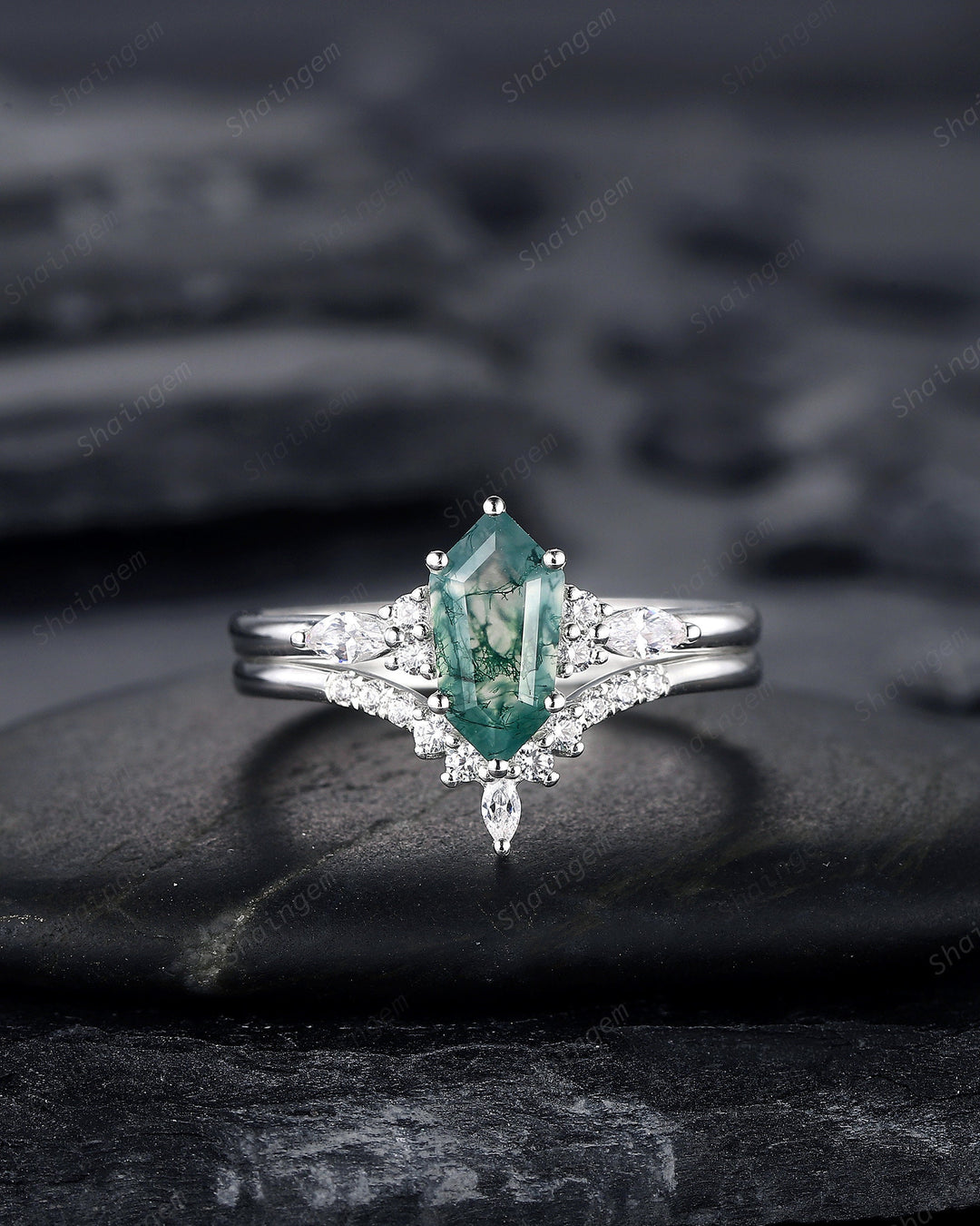Unique Shield Moss Agate and Diamond Engagement Ring, White Gold Geometric Green Moss Agate Bridal Set, Promise Wedding Ring Gift for her - ShainJewelry